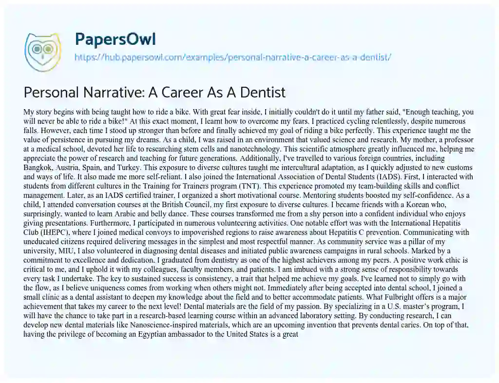 Essay on Personal Narrative: A Career As A Dentist