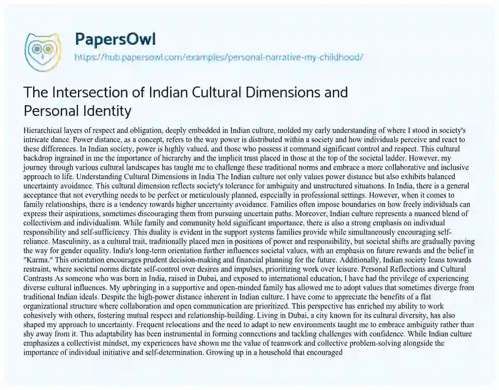 Essay on The Intersection of Indian Cultural Dimensions and Personal Identity
