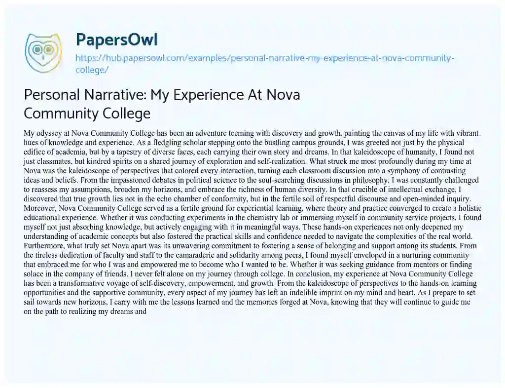 Essay on Personal Narrative: My Experience At Nova Community College