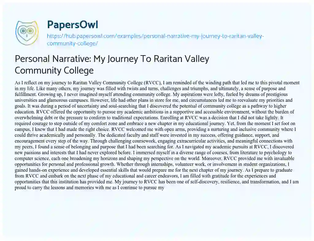 Essay on Personal Narrative: My Journey To Raritan Valley Community College