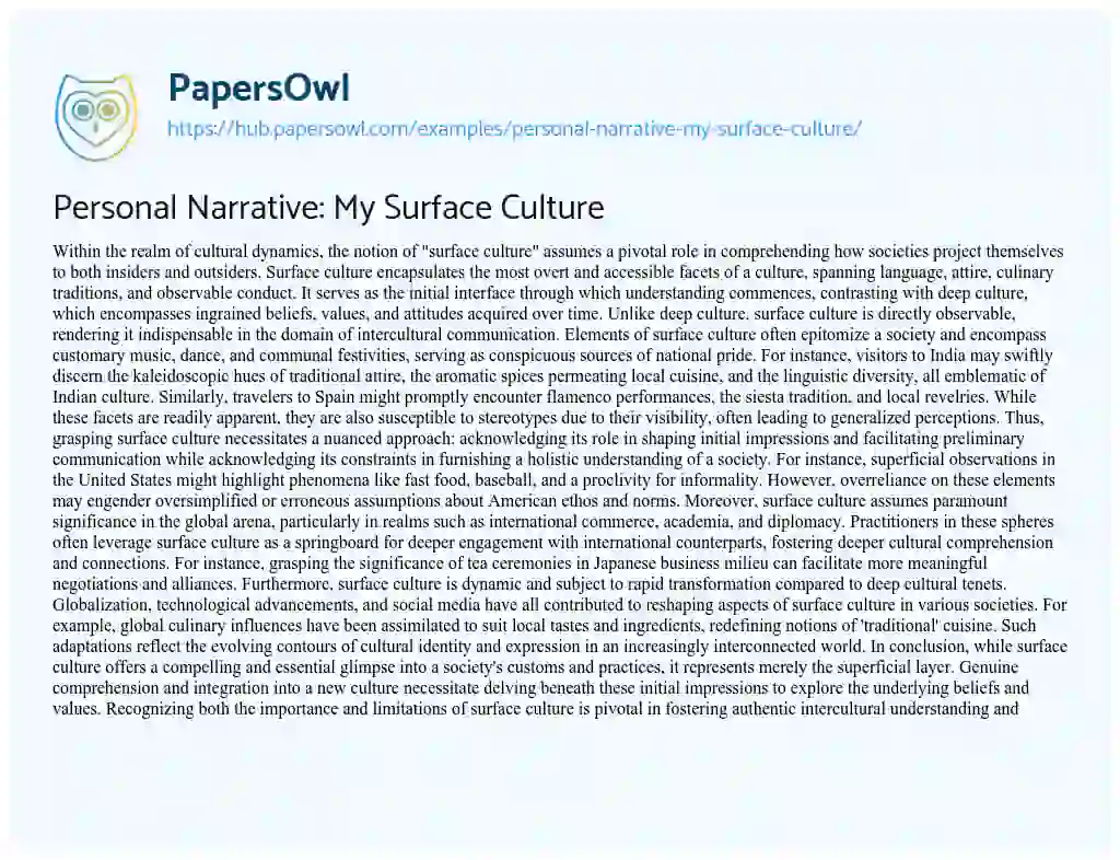 Essay on Personal Narrative: My Surface Culture
