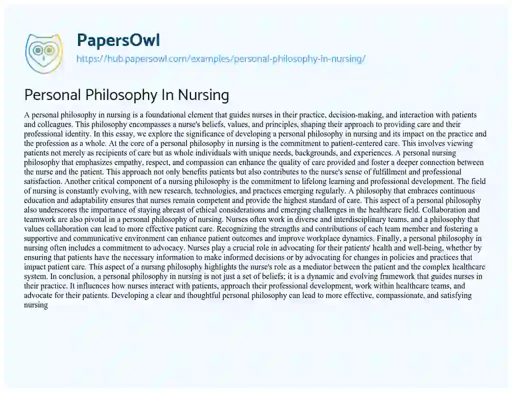 Essay on Personal Philosophy In Nursing