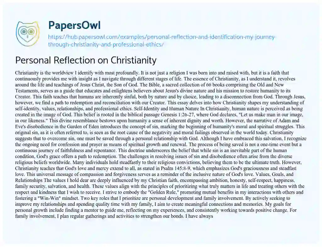 Essay on Personal Reflection on Christianity