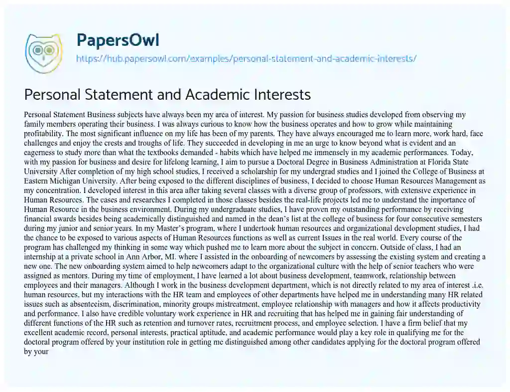 Essay on Personal Statement and Academic Interests