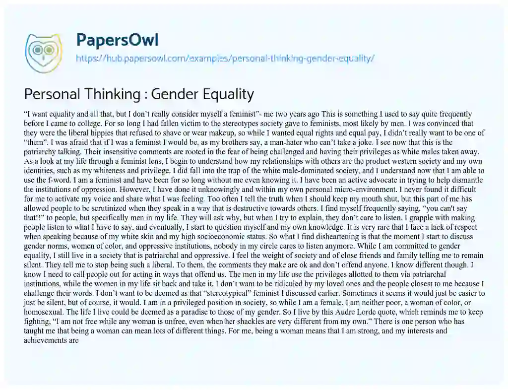 Essay on Personal Thinking : Gender Equality
