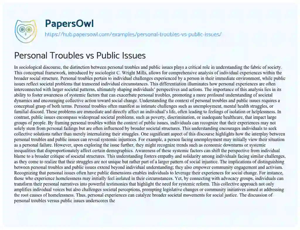 Essay on Personal Troubles vs Public Issues
