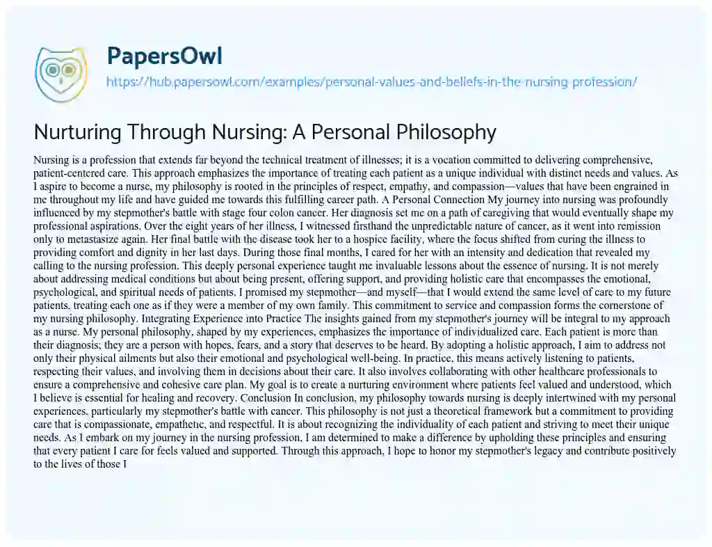 Essay on Nurturing Through Nursing: A Personal Philosophy