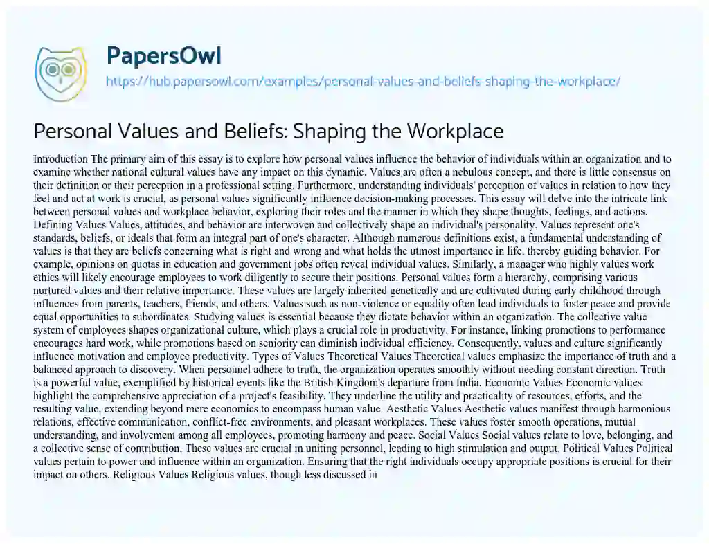 Essay on Personal Values and Beliefs: Shaping the Workplace
