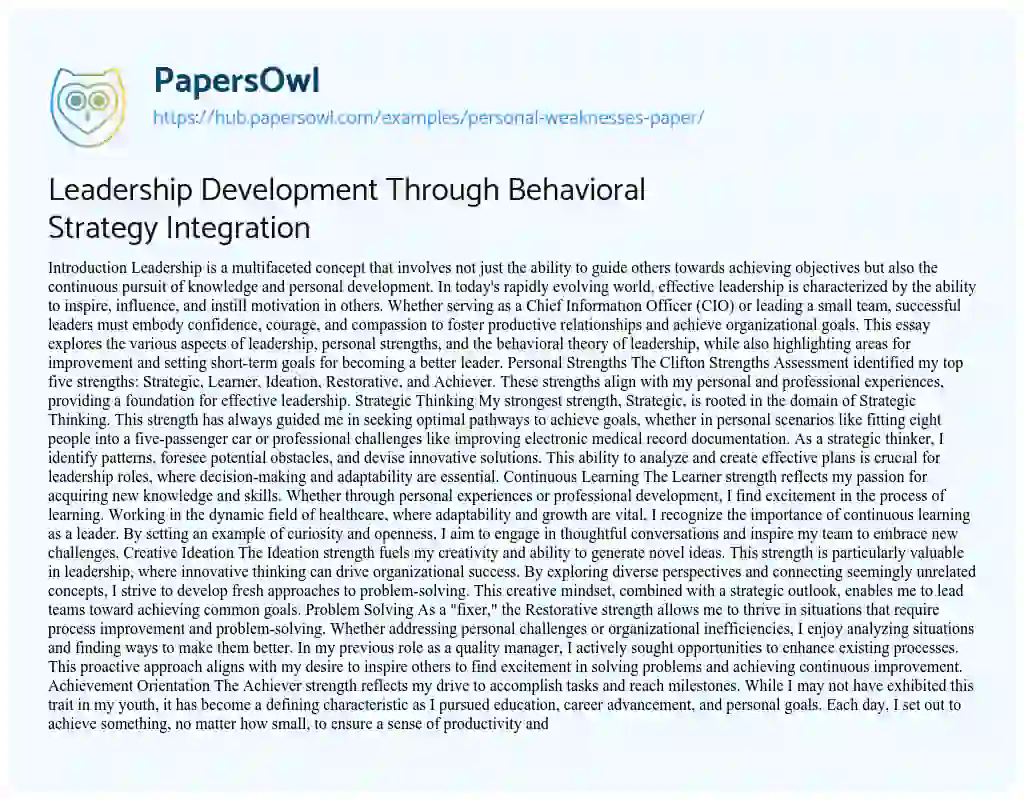 Essay on Leadership Development Through Behavioral Strategy Integration
