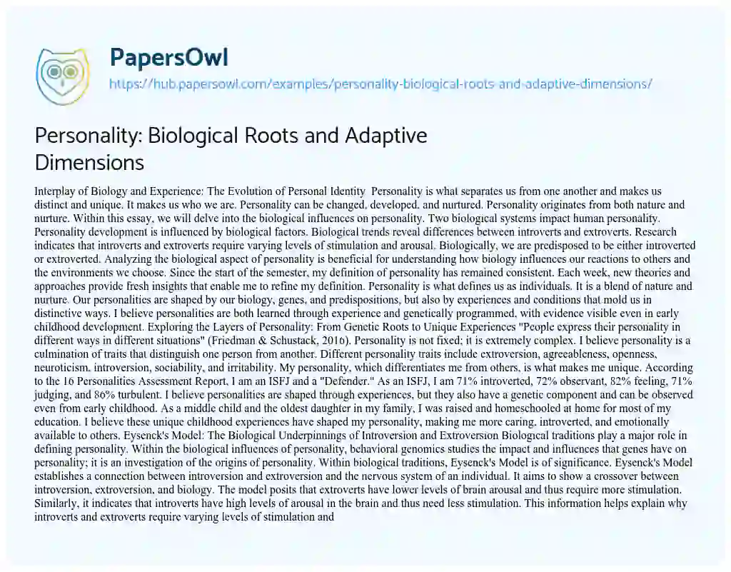Essay on Personality: Biological Roots and Adaptive Dimensions