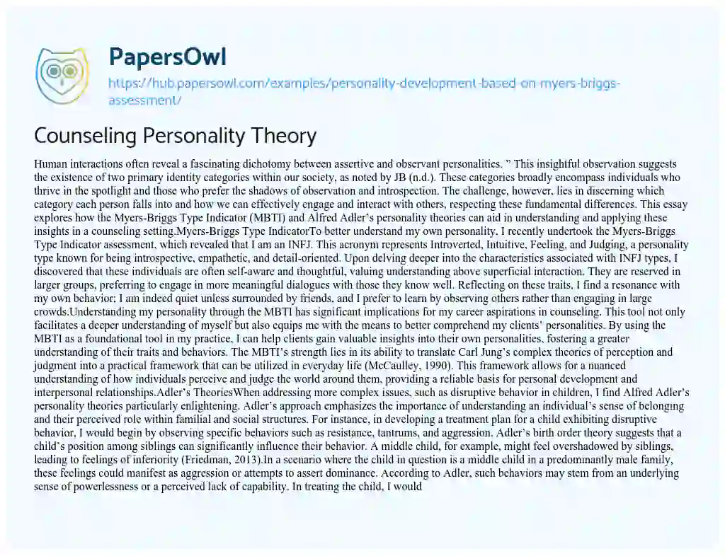 Essay on Counseling Personality Theory