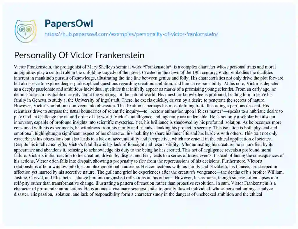 Essay on Personality Of Victor Frankenstein