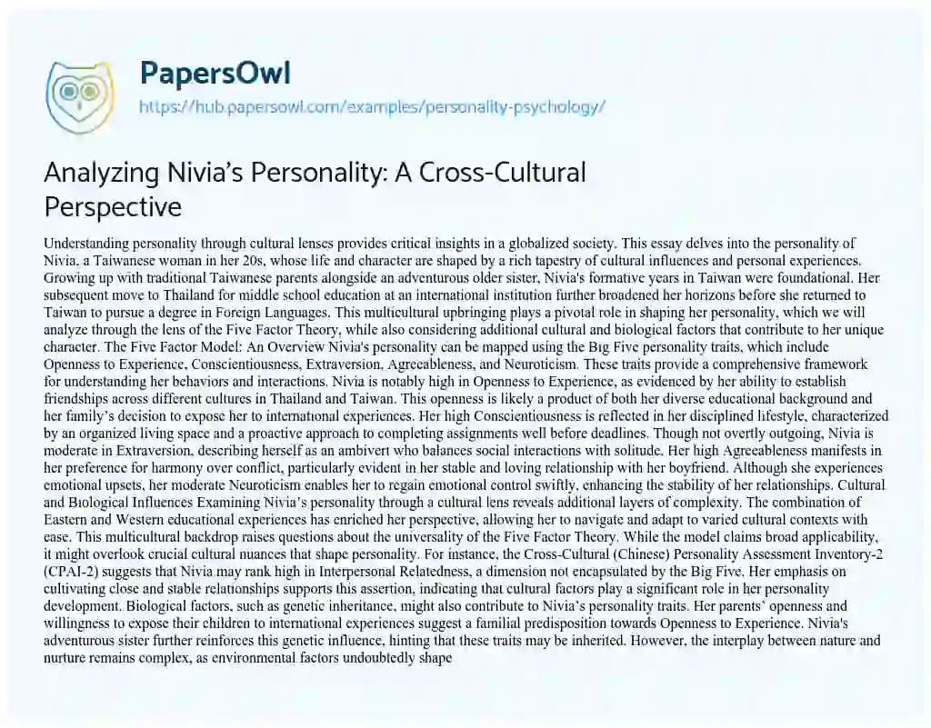 Essay on Analyzing Nivia’s Personality: A Cross-Cultural Perspective