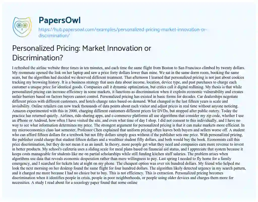 Essay on Personalized Pricing: Market Innovation or Discrimination?
