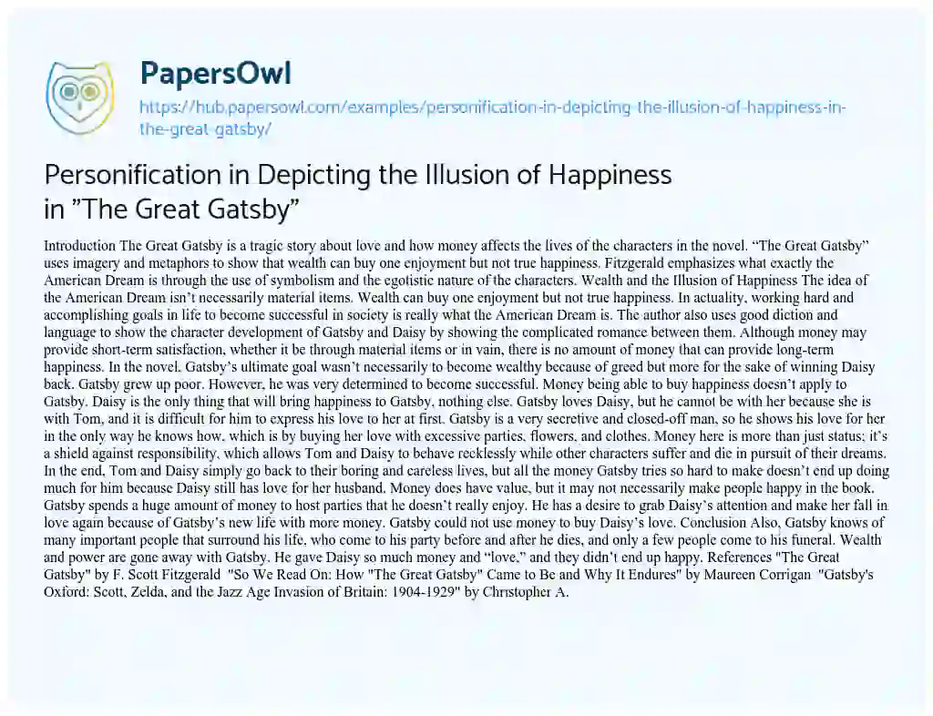 Essay on Personification in Depicting the Illusion of Happiness in “The Great Gatsby”