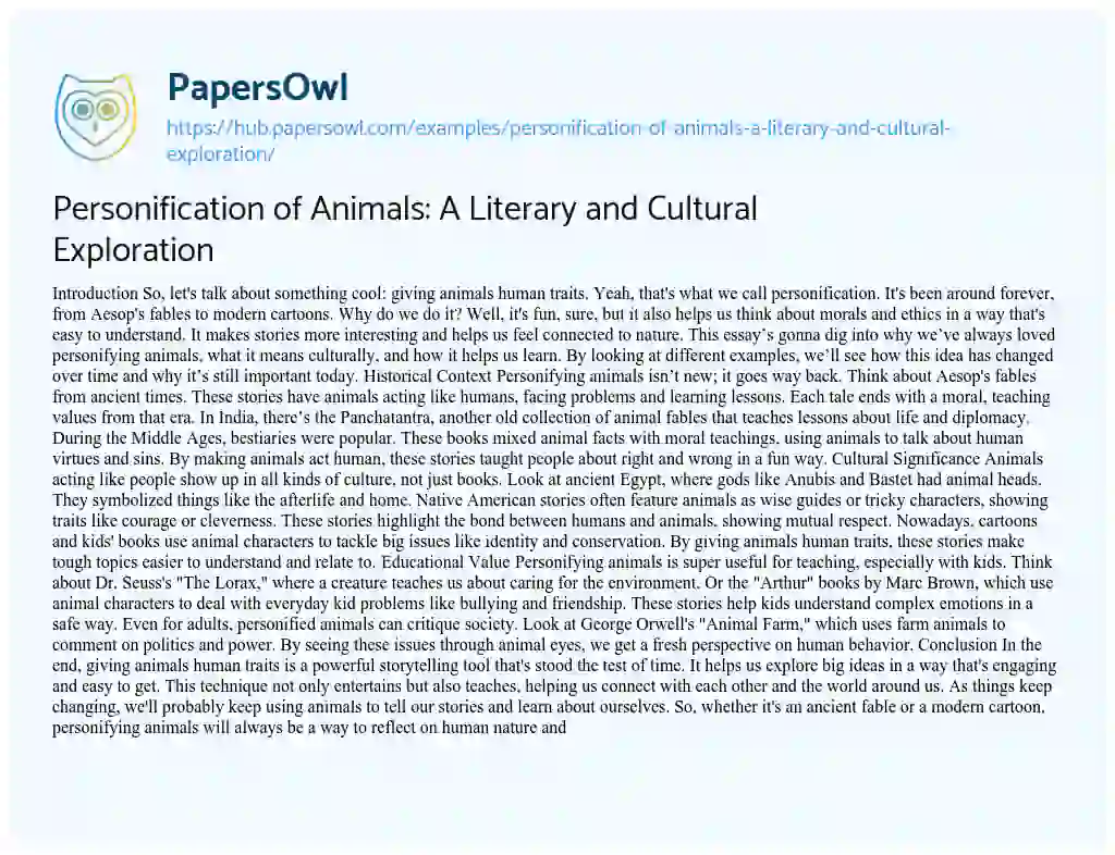 Essay on Personification of Animals: A Literary and Cultural Exploration