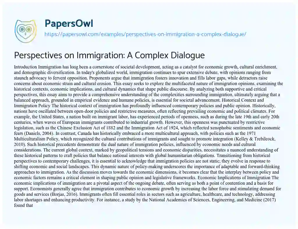 Essay on Perspectives on Immigration: A Complex Dialogue