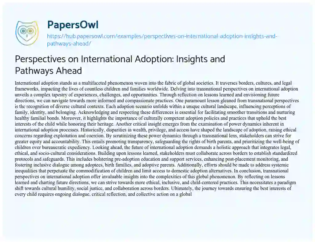 Essay on Perspectives on International Adoption: Insights and Pathways Ahead