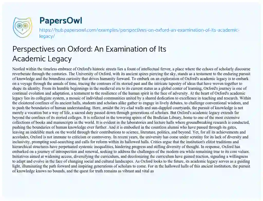 Essay on Perspectives on Oxford: An Examination of Its Academic Legacy