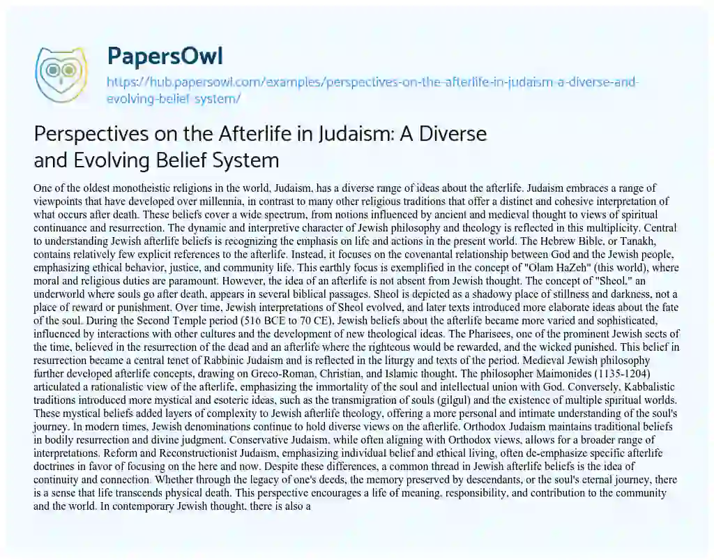 Essay on Perspectives on the Afterlife in Judaism: A Diverse and Evolving Belief System