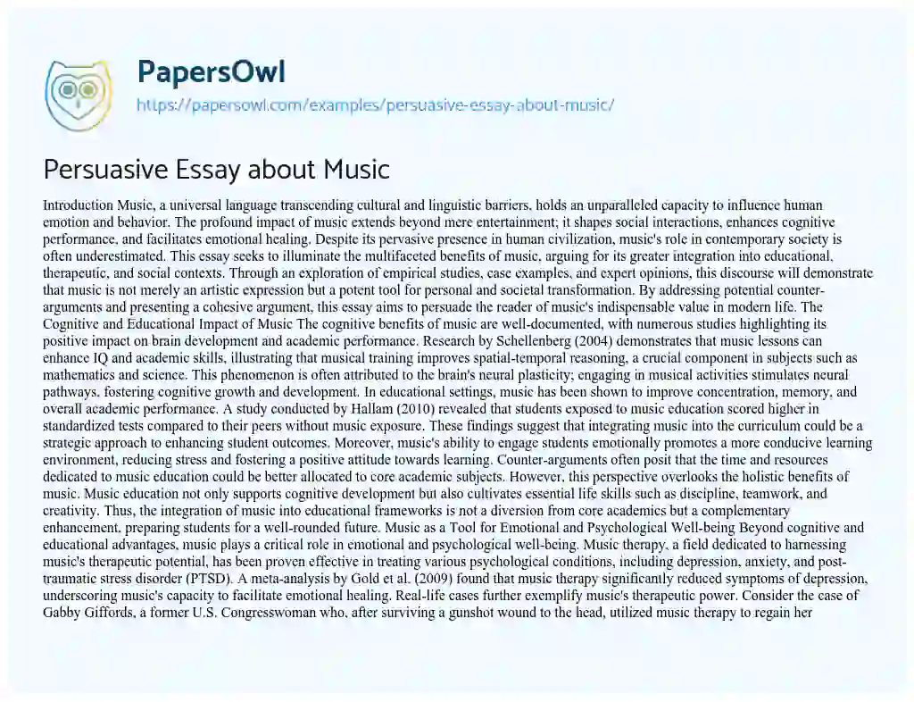Essay on Persuasive Essay about Music