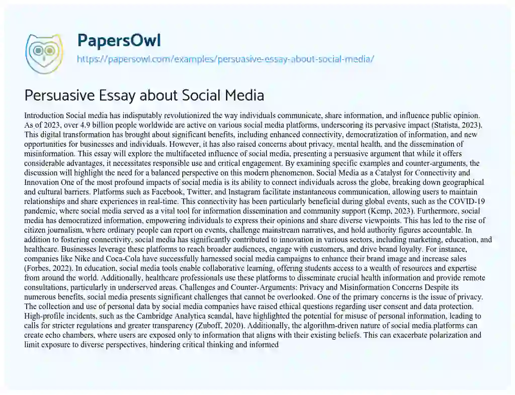 Essay on Persuasive Essay about Social Media
