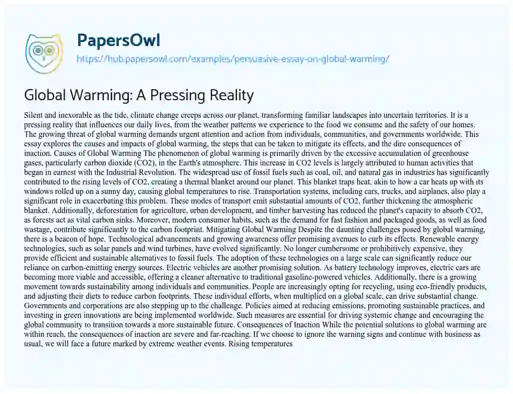 Essay on Global Warming: A Pressing Reality