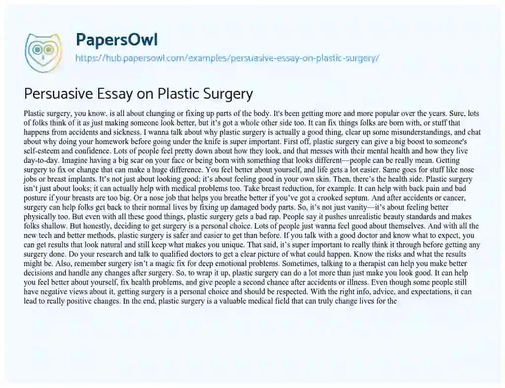 Essay on Persuasive Essay on Plastic Surgery