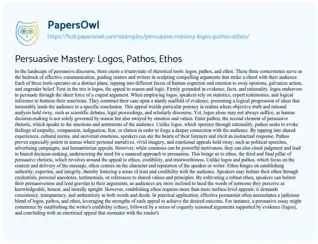 Essay on Persuasive Mastery: Logos, Pathos, Ethos
