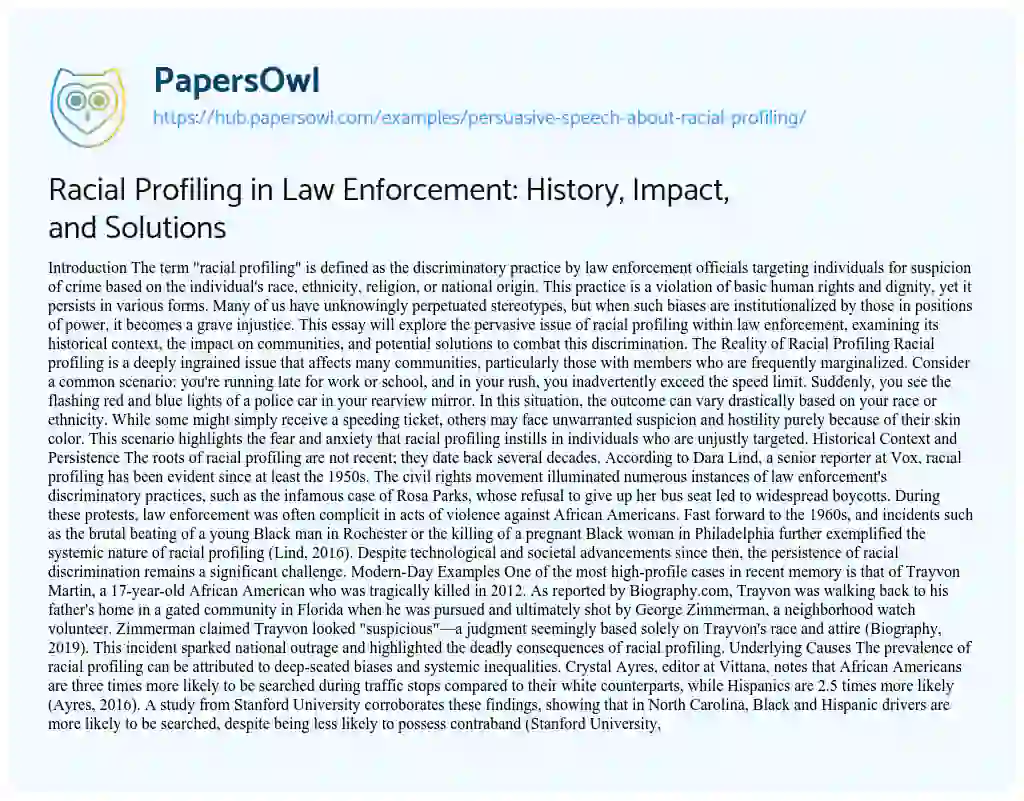 Essay on Racial Profiling in Law Enforcement: History, Impact, and Solutions