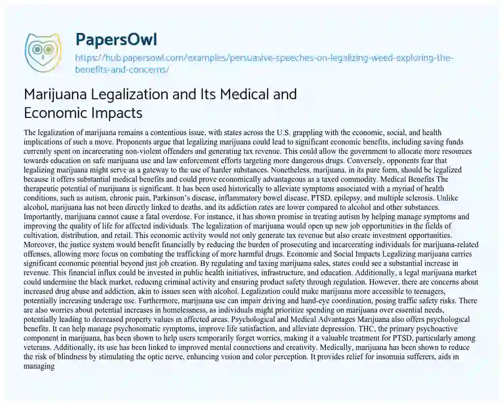 Essay on Marijuana Legalization and Its Medical and Economic Impacts