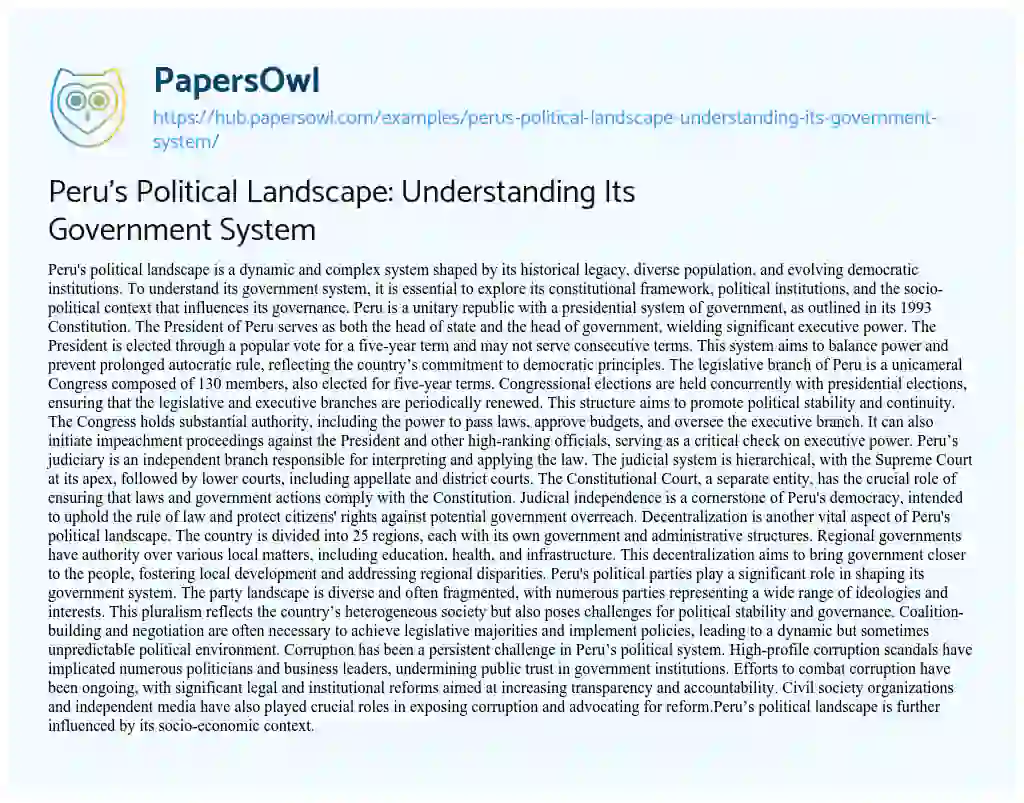 Essay on Peru’s Political Landscape: Understanding Its Government System