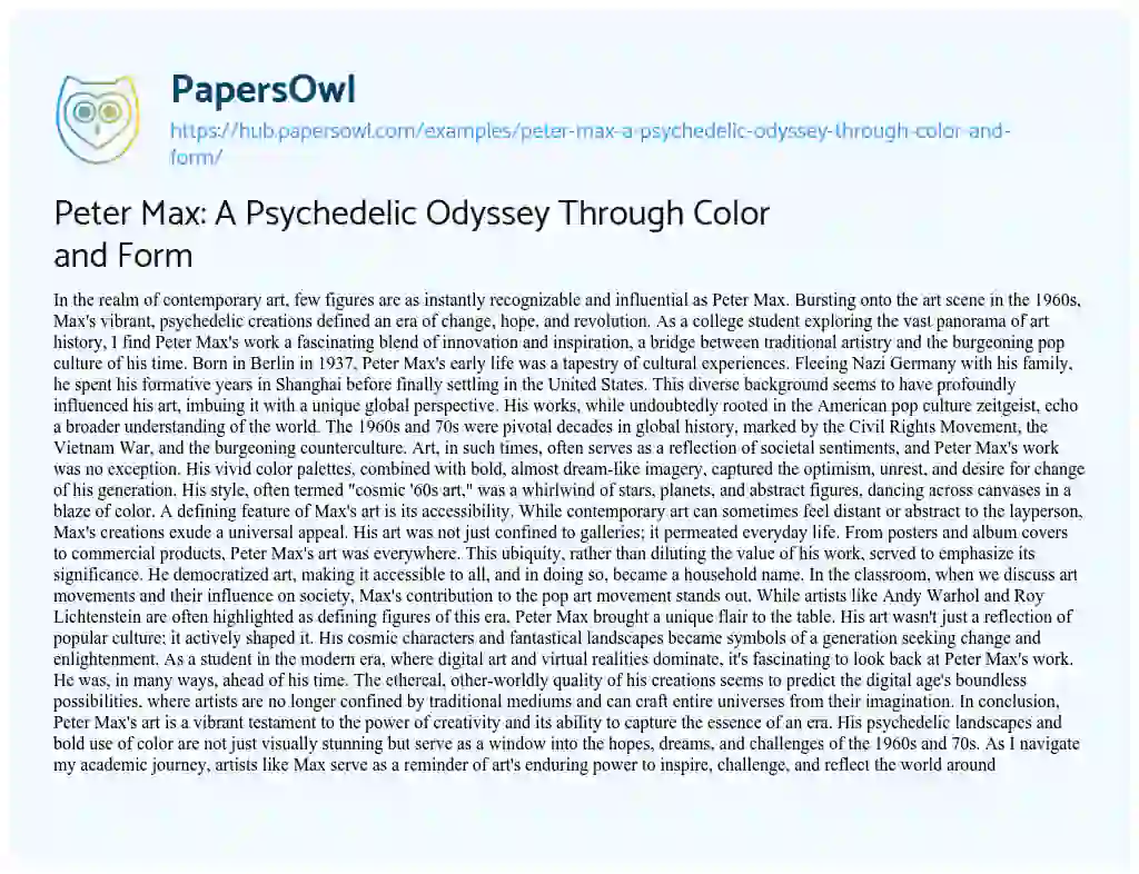 Essay on Peter Max: A Psychedelic Odyssey Through Color and Form