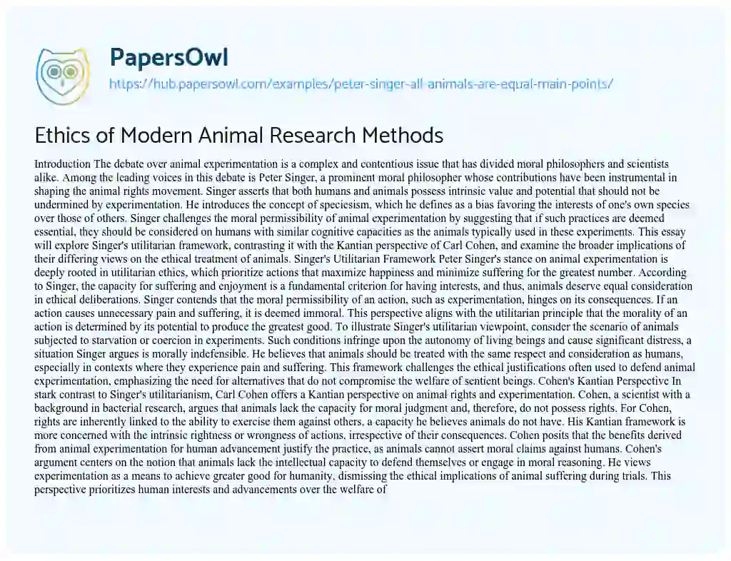 Essay on Ethics of Modern Animal Research Methods