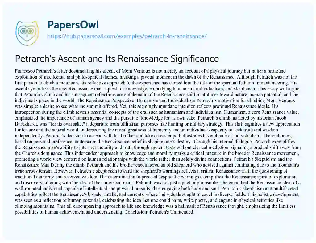 Essay on Petrarch’s Ascent and Its Renaissance Significance