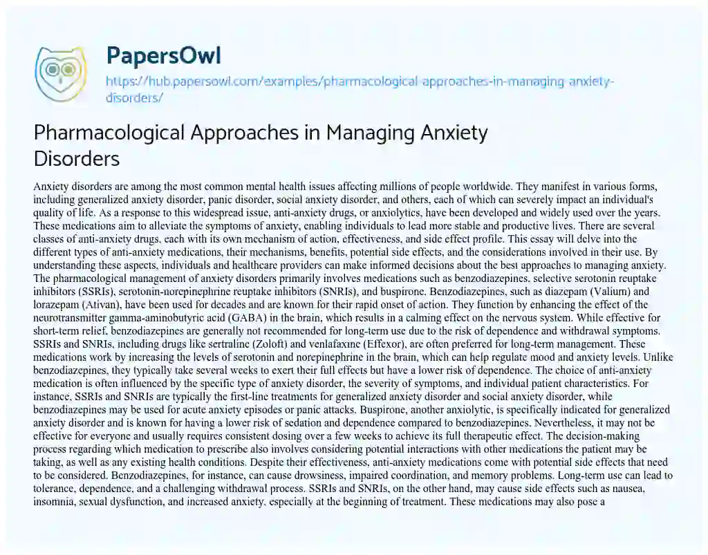 Essay on Pharmacological Approaches in Managing Anxiety Disorders