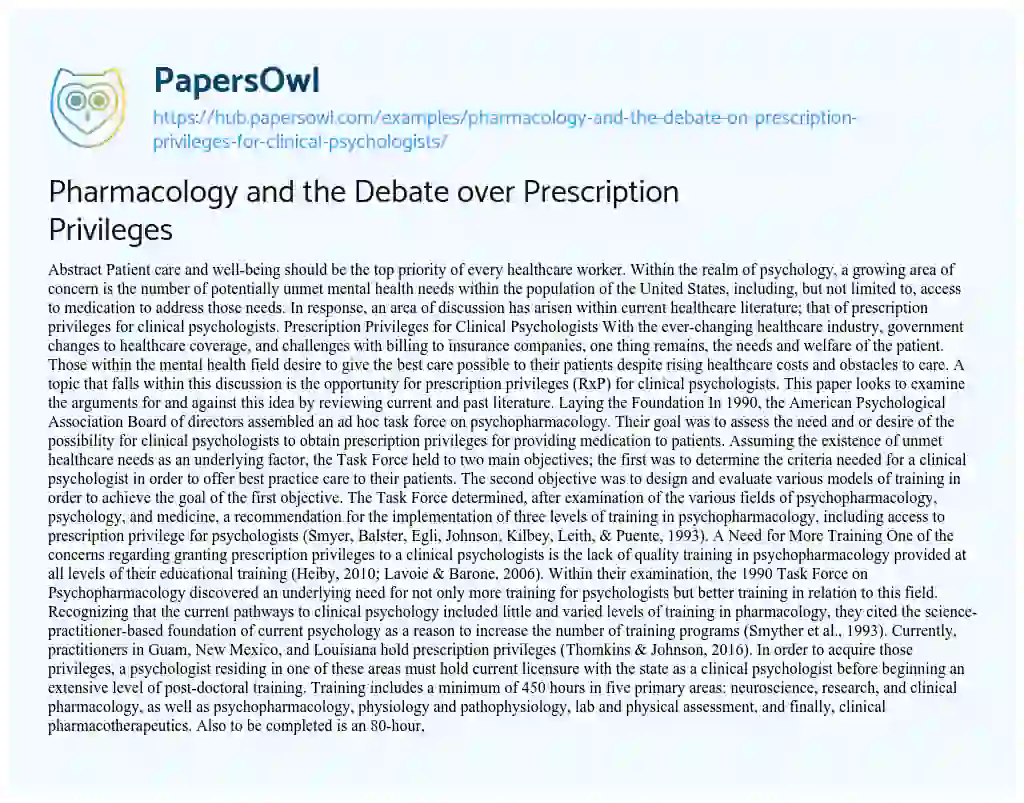 Essay on Pharmacology and the Debate over Prescription Privileges