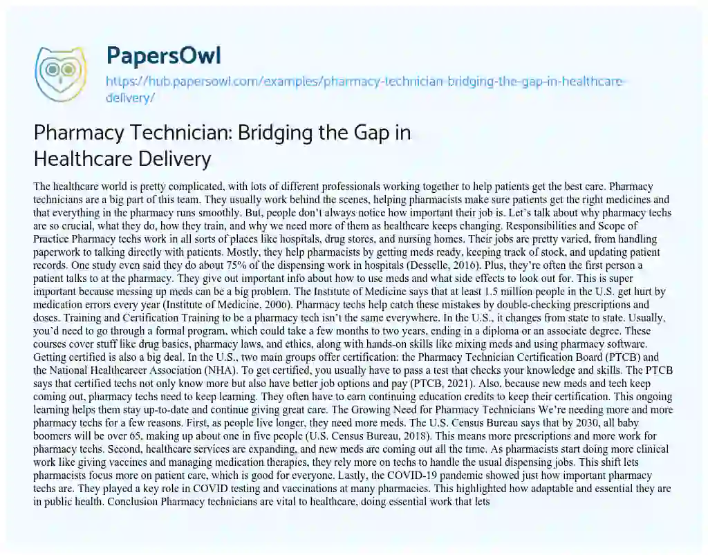 Essay on Pharmacy Technician: Bridging the Gap in Healthcare Delivery
