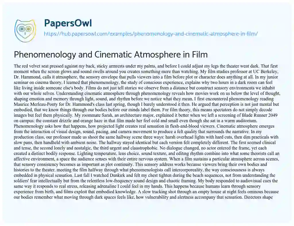 Essay on Phenomenology and Cinematic Atmosphere in Film