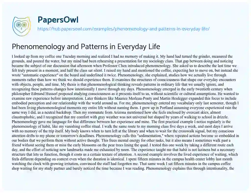 Essay on Phenomenology and Patterns in Everyday Life