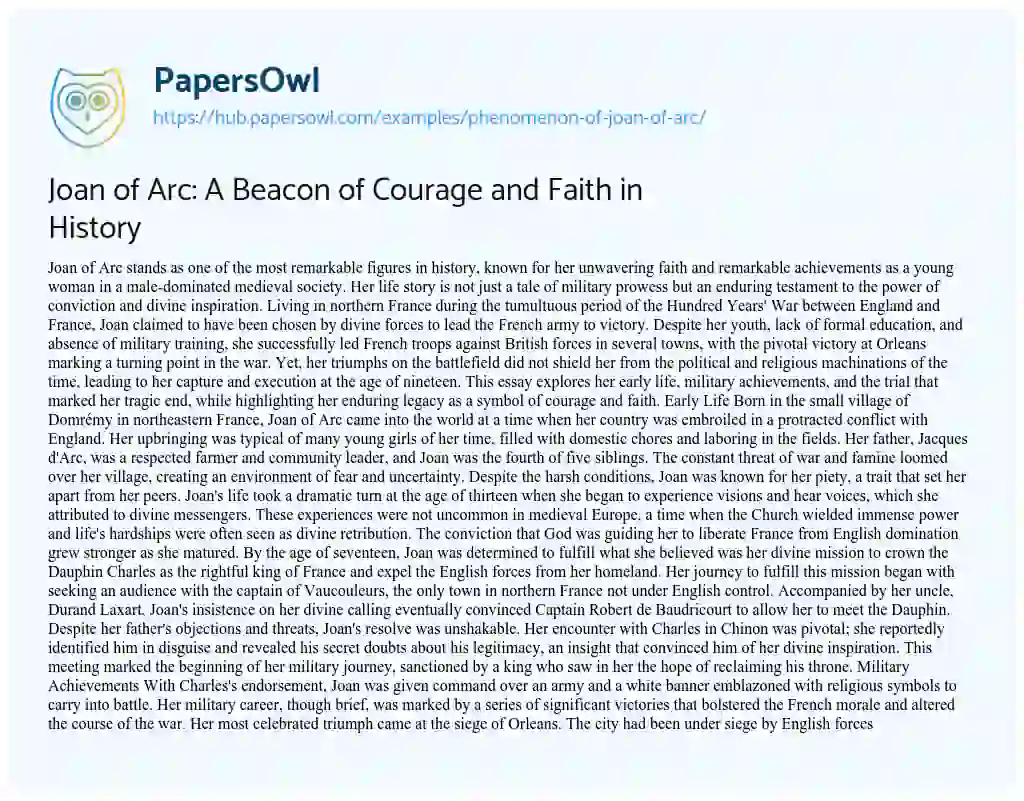 Essay on Joan of Arc: A Beacon of Courage and Faith in History