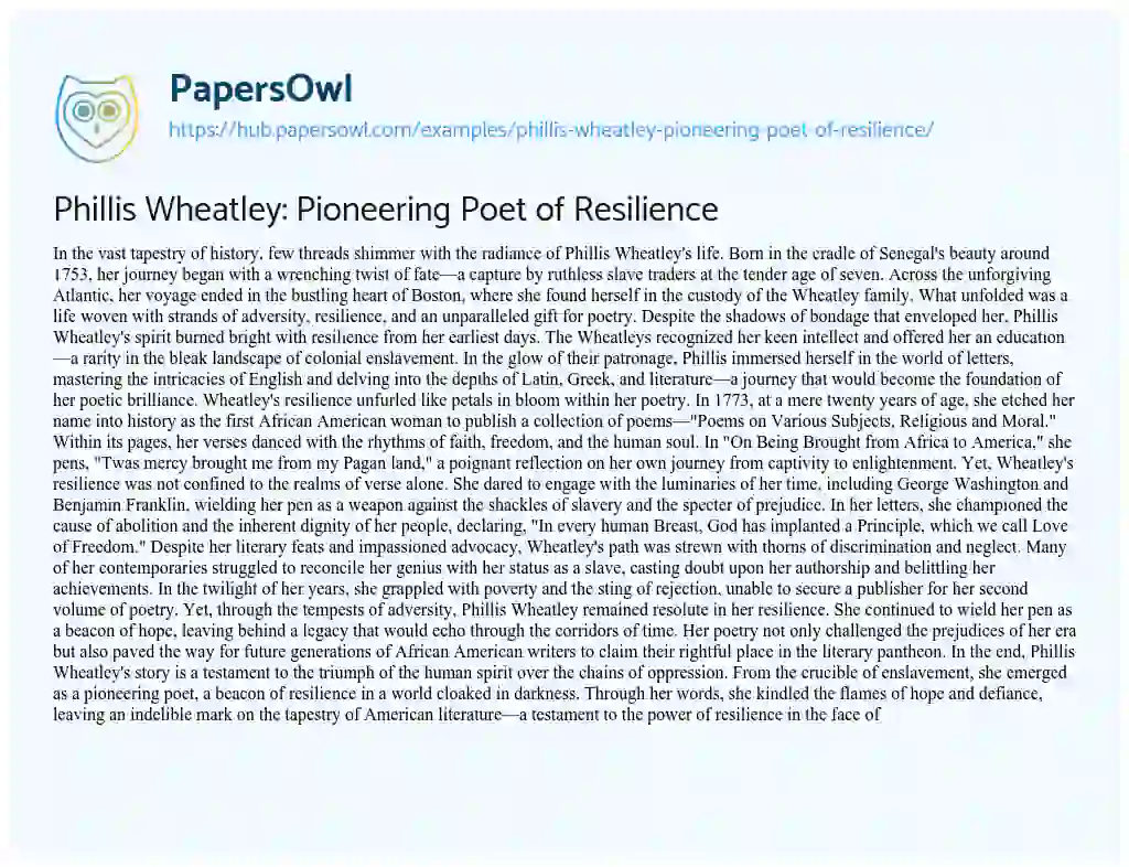 Essay on Phillis Wheatley: Pioneering Poet of Resilience