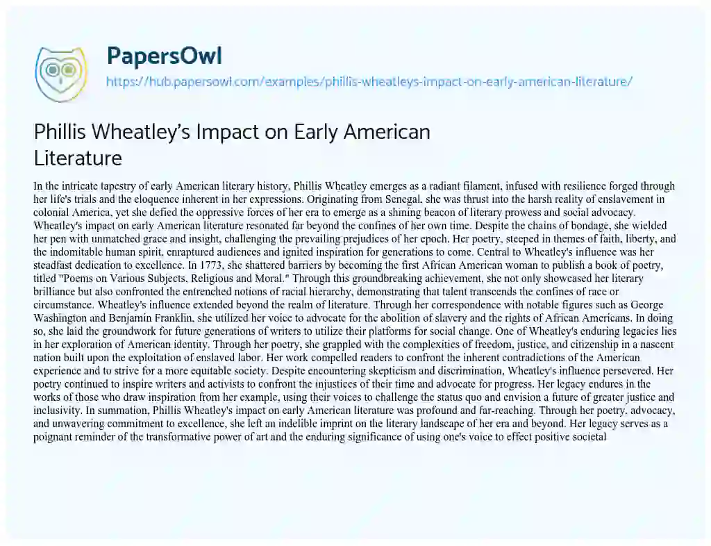 Essay on Phillis Wheatley’s Impact on Early American Literature