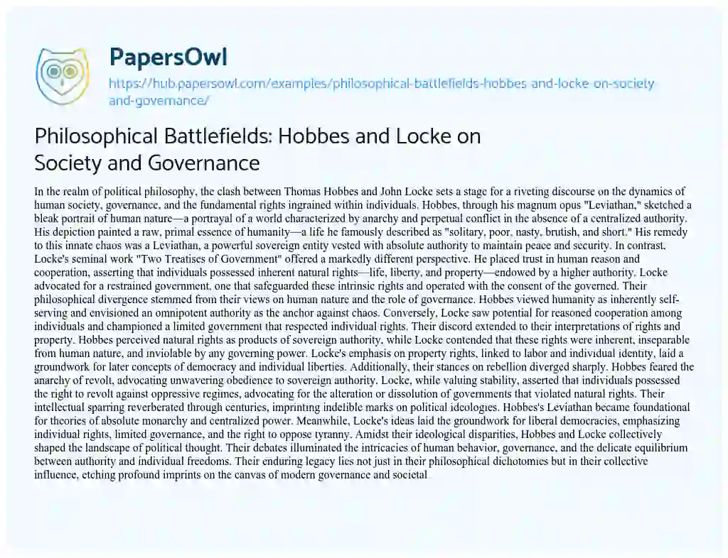 Essay on Philosophical Battlefields: Hobbes and Locke on Society and Governance