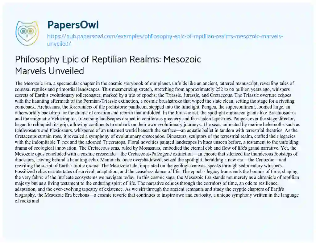 Essay on Philosophy Epic of Reptilian Realms: Mesozoic Marvels Unveiled