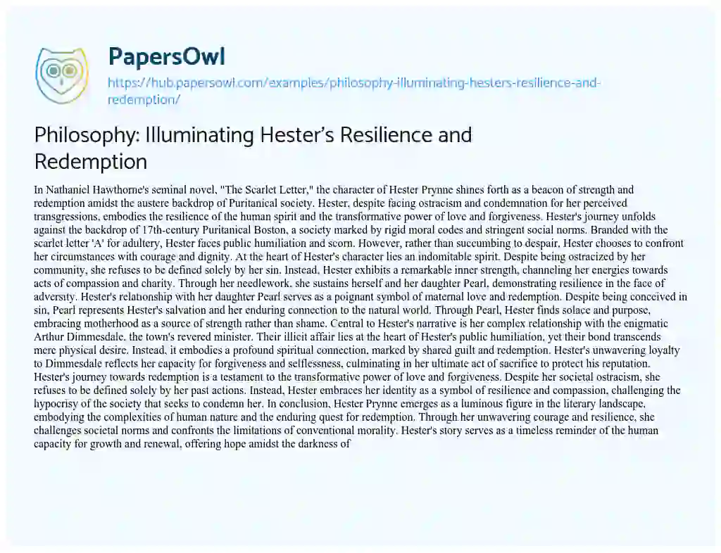 Essay on Philosophy: Illuminating Hester’s Resilience and Redemption