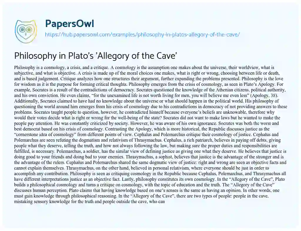 Essay on Philosophy in Plato’s ‘Allegory of the Cave’