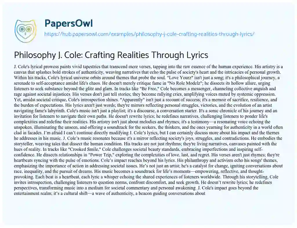 Essay on Philosophy J. Cole: Crafting Realities Through Lyrics