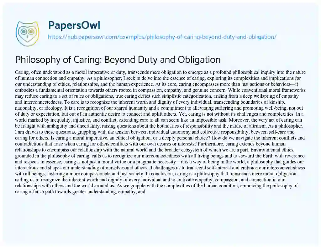 Essay on Philosophy of Caring: Beyond Duty and Obligation