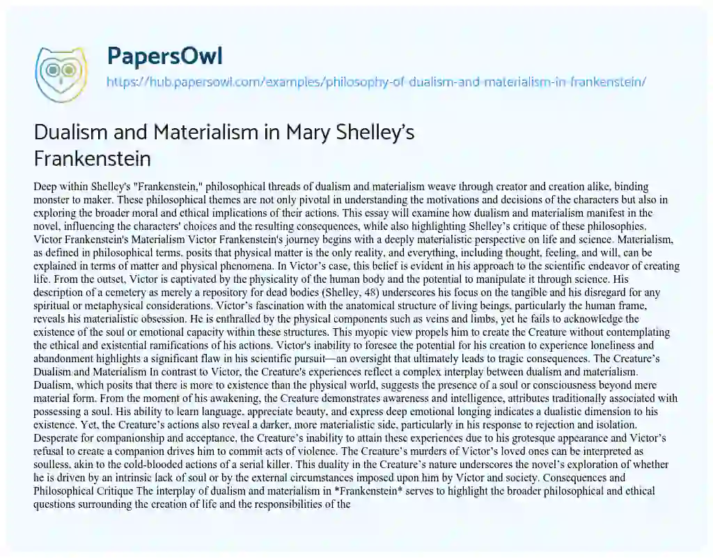 Essay on Dualism and Materialism in Mary Shelley’s Frankenstein